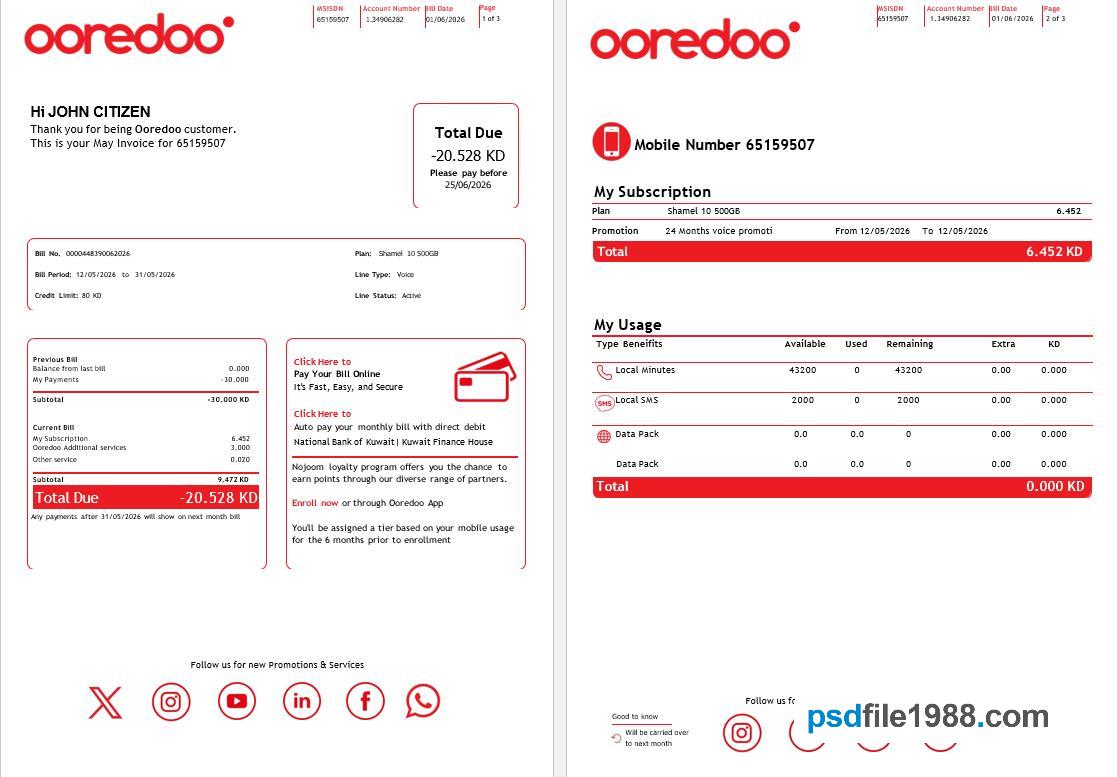Kuwait Ooredoo Telecommunications Utility Bill, 3 Pages